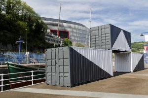 Detail of the Paperezko Itsasontzia containers beside the Bilbao Maritime Museum